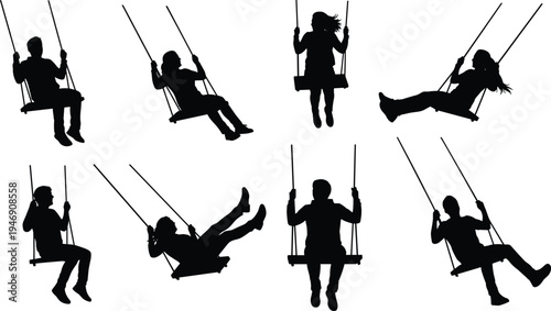 Children and people on swing silhouette collection showing playful swinging poses isolated vector set representing leisure playground activity freedom fun motion and childhood lifestyle