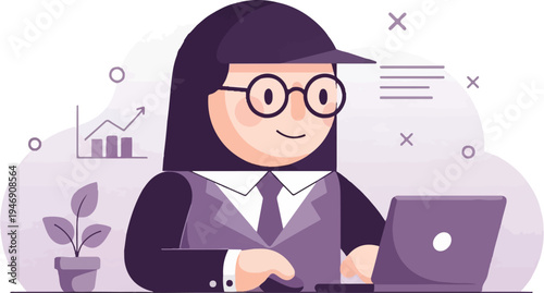 A person wearing a cap and glasses works on a laptop with a plant and graph