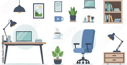 A flat design illustration of a home office setup with desk, chair, and supplies
