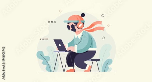 Stylized person in headphones and hat with scarf working on laptop