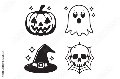 Black and white halloween icons featuring a pumpkin ghost hat and skull