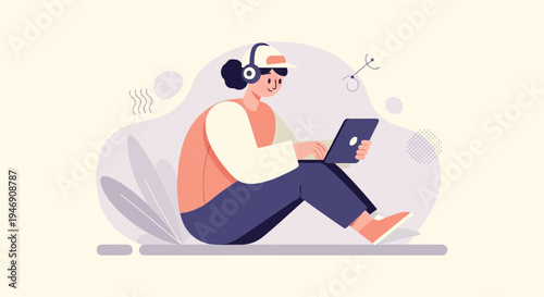 Person with headphones and laptop, surrounded by abstract shapes