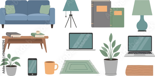 A collection of home furnishings and electronics for a cozy living space