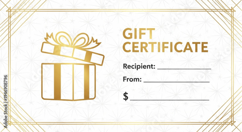 Elegant Gift Certificate Design with Golden Accents and Open Gift Box.