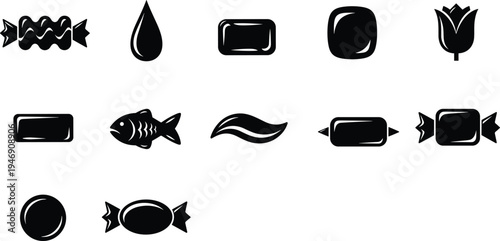 Collection of candy and sweet food silhouettes including wrapped candies, chocolate pieces, gummy sweets, fish candy and sugar treats vector icons set