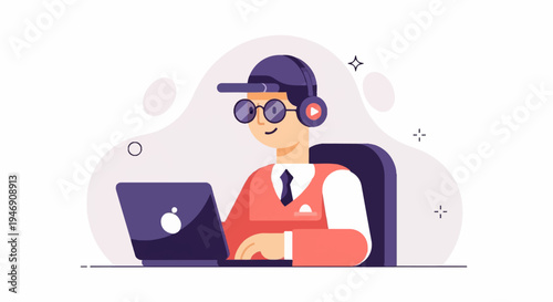 Person with headphones and laptop at a desk