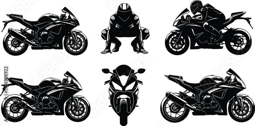 Silhouette sport motorcycles with rider gear, racing posture illustration, motorbike vector design, speed performance artwork, biker culture concept graphic – flavector