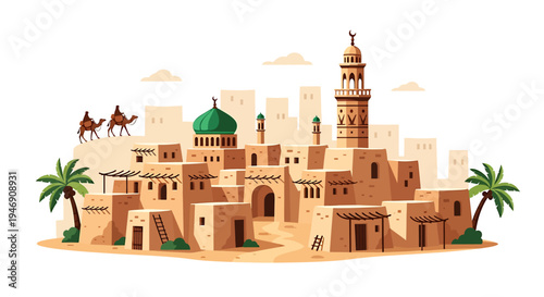 Ancient Middle Eastern Cityscape with Mosque Minaret and Camels. Vector Illustrations. EPS Editable