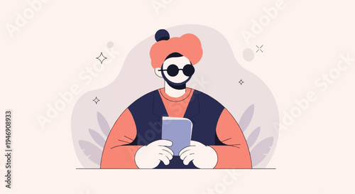 Stylized figure in sunglasses and vest holding a book, with abstract shapes and stars