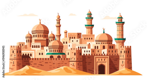 Ancient Islamic City with Minarets and Domes in Desert Landscape. Vector Illustrations. EPS Editable