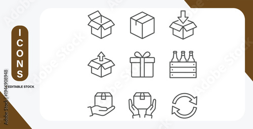 Delivery boxes and package thin line icon set with shipping symbols and editable vector stroke.