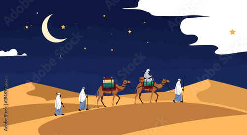 Arabian Desert Night Scene with Camels and Travelers. Vector Illustrations. EPS Editable