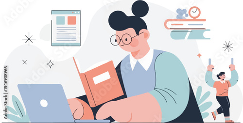 Character studying with laptop, book, and small figure doing gymnastics