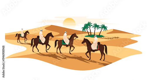 Arabian Horse Riders Journeying Through Desert Landscape at Sunset. Vector Illustrations. EPS Editable