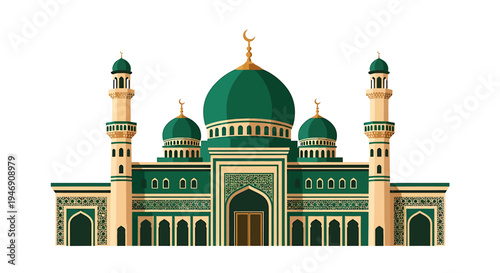 Beautiful Islamic Mosque Architecture with Green Domes and Minarets 3. Vector Illustrations. EPS Editable