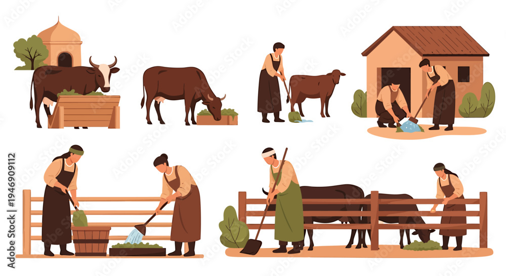Naklejka premium Collection of Farm Scenes Illustrating Rural Life and Animal Husbandry. Vector Illustrations. EPS Editable