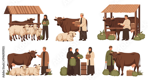 Collection of Farm Animals and People in Rural Scenes. Vector Illustrations. EPS Editable