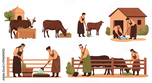 Collection of Farm Scenes Illustrating Rural Life and Animal Husbandry. Vector Illustrations. EPS Editable