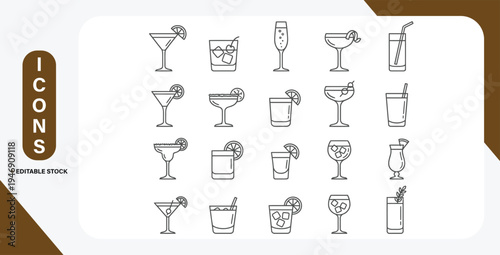 Cocktails thin line icon set with drink and bar outline vector symbols.