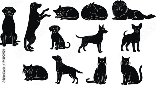 PrintCollection of dog and cat silhouettes in various poses including sitting, standing and resting pets, domestic animal vector set for pet care and veterinary themes