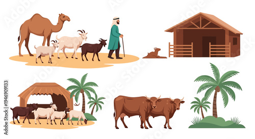 Collection of Farm Animals and Structures in a Rustic Setting. Vector Illustrations. EPS Editable