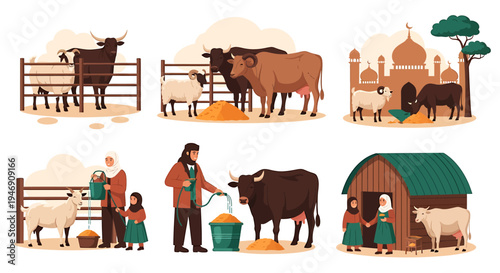 Collection of Islamic Qurbani Animals and Scenes. Vector Illustrations. EPS Editable