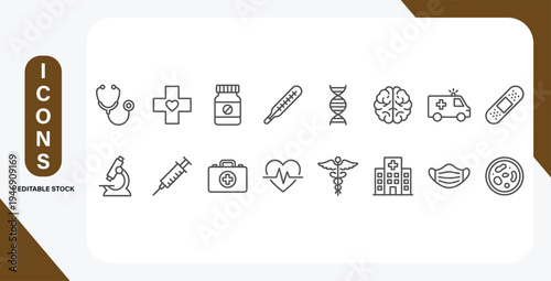 Hospital and medical care thin line icon set with healthcare symbols and editable vector stroke.