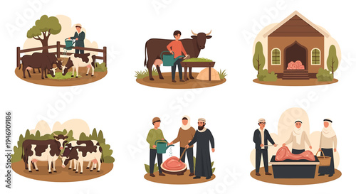 Collection of Six Illustrations Depicting Rural Life and Community Interactions. Vector Illustrations. EPS Editable