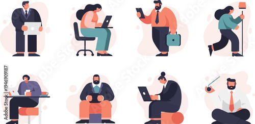 Diverse business people working on laptops, phones, and with briefcases