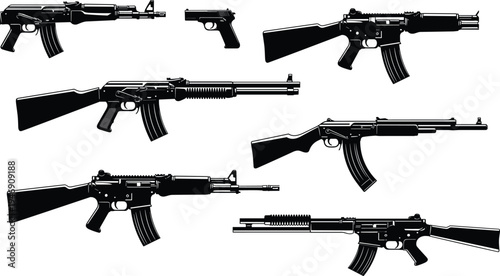 Collection of black firearm silhouettes including rifles and pistol isolated on light background, military weapon vector set, tactical gun illustration for security, defense and weapon concepts