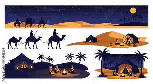 Desert Night Scenes with Camels Tents and Campfires. Vector Illustrations. EPS Editable