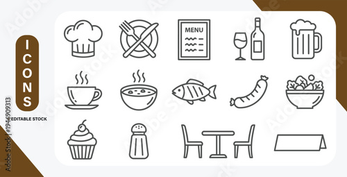 Restaurant and Gastronomy Line Icon Set - Food, Drink, Cooking, and Dining Vector Elements