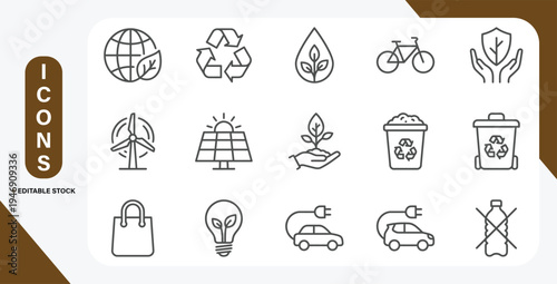 Ecology, environment and sustainability thin line icon set with eco symbols editable vector stroke.
