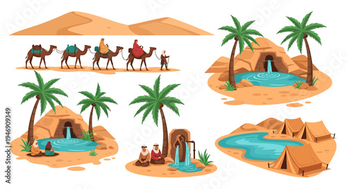 Desert Oasis and Camel Caravan Adventure with Palm Trees and Sand Dunes. Vector Illustrations. EPS Editable