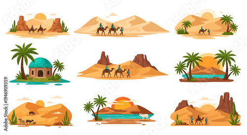 Desert Oasis and Caravan Scenes Collection. Vector Illustrations. EPS Editable