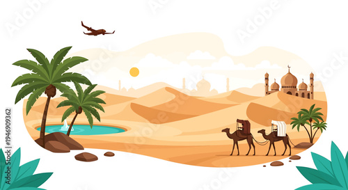 Desert Oasis Camel Caravan Journey with Ancient Mosque and Airplane. Vector Illustrations. EPS Editable