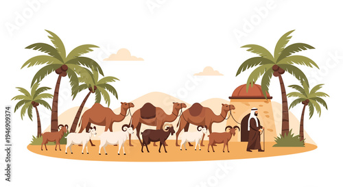 Desert Oasis Scene with Camels Sheep and Traditional Arabic Architecture. Vector Illustrations. EPS Editable