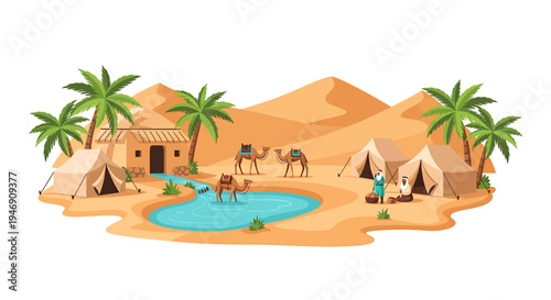 Desert Oasis Scene with Camels Tents and Palm Trees. Vector Illustrations. EPS Editable