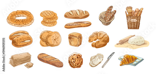 Hand drawn vintage bakery bread and pastry set with baguette croissant pretzel loaf baking elements