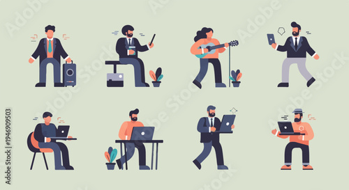 Diverse people engaged in various activities, some with laptops