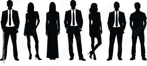 Professional business people silhouettes set featuring diverse men and women in formal corporate suits and casual attire standing isolated on a clean white background