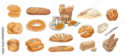 Hand drawn vintage bakery set with bread croissant baguette dough basket and coffee illustration