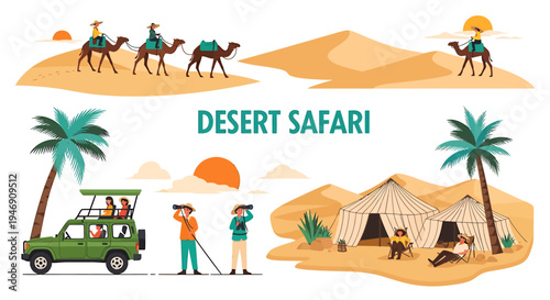Desert Safari Adventure with Camels Safari Jeep and Tents. Vector Illustrations. EPS Editable