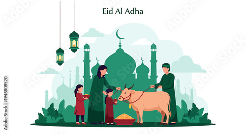 Eid Al Adha Celebration with Family and Sacrifice Animal in Front of Mosque. Vector Illustrations. EPS Editable