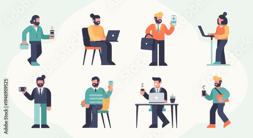 Diverse professionals engage in work and leisure activities, holding beverages and devices