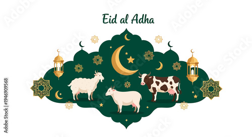 Eid al Adha Celebration with Sheep Cow Moon and Lanterns. Vector Illustrations. EPS Editable