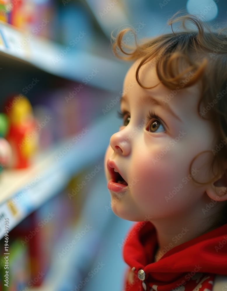 Fototapeta premium Amazed child in a store, expression of wonder, enchantment, curiosity, and surprise