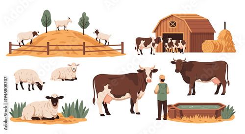 Farm Animals and Barn Scene Illustration. Vector Illustrations. EPS Editable