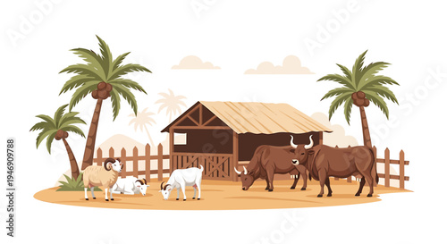 Farm animals grazing near a rustic barn with palm trees. Vector Illustrations. EPS Editable