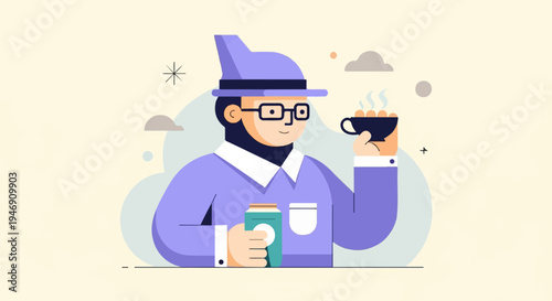 Smiling man in purple hat and jacket holds coffee and can